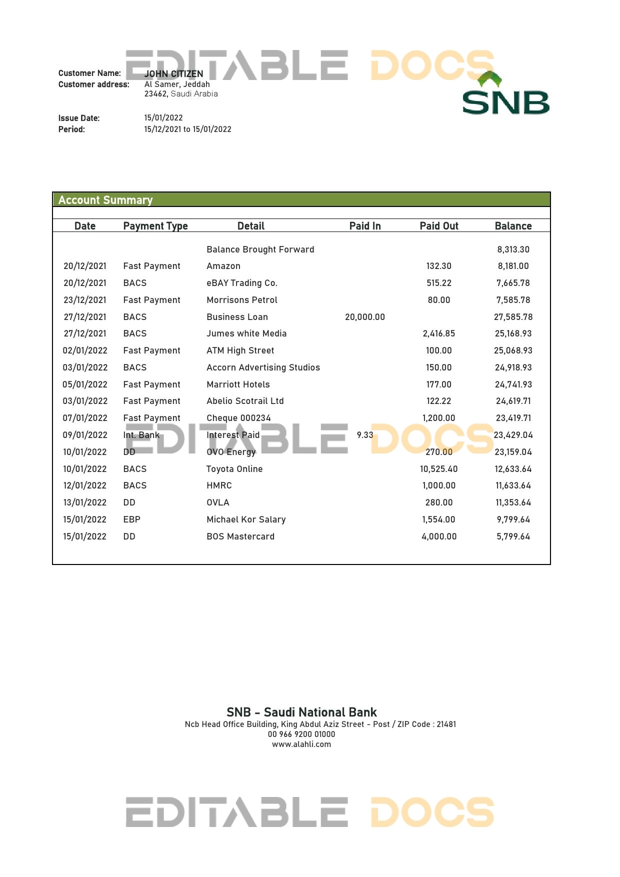Saudi Arabia SNB bank statement template in Word and PDF format