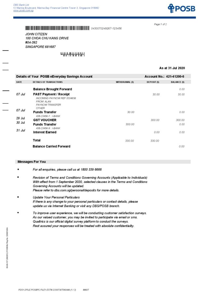 Singapore DBS bank statement template in Word and PDF format, 2 pages
