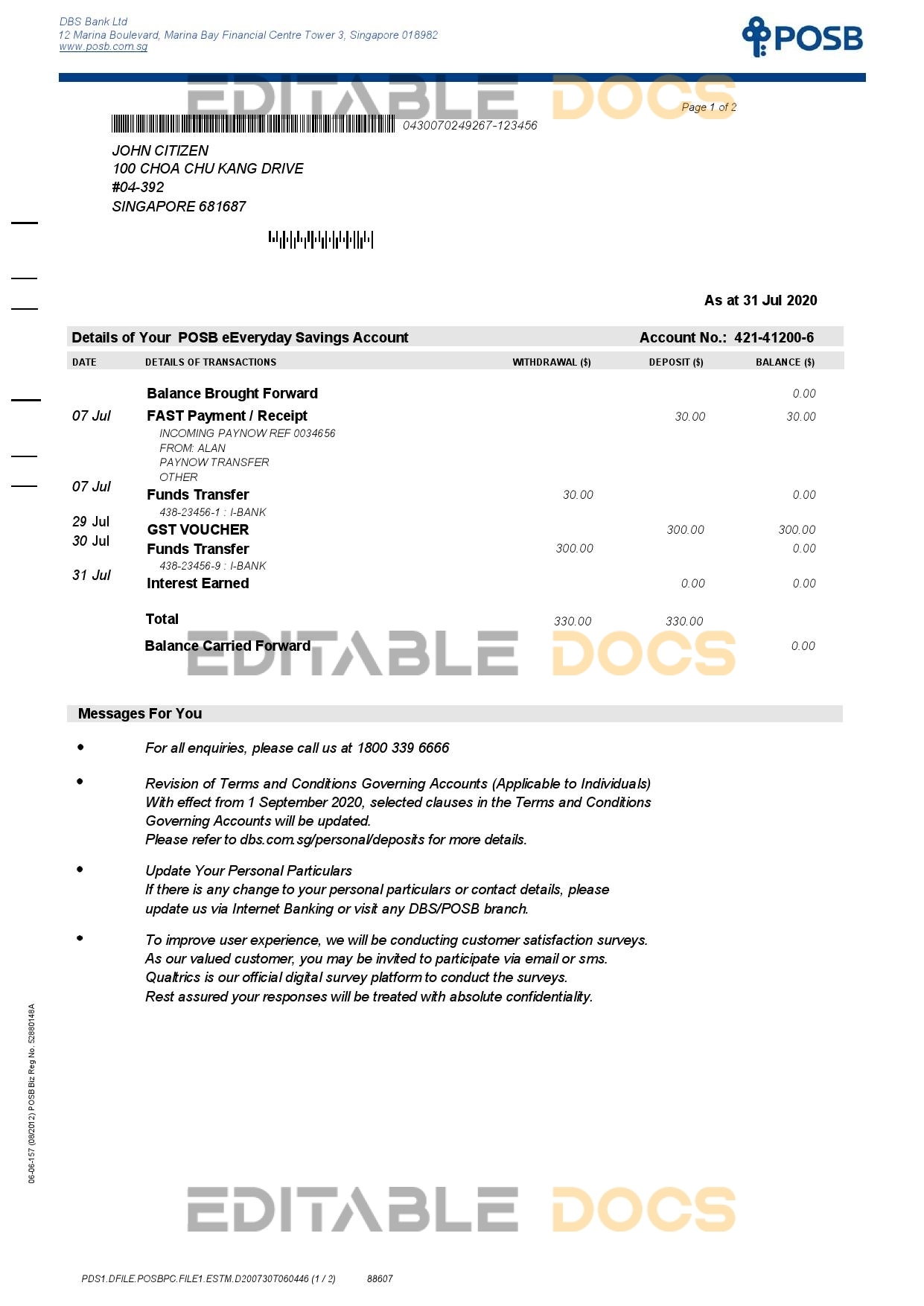 Singapore DBS bank statement template in Word and PDF format, 2 pages