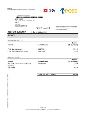 Singapore DBS bank proof of address statement template in Excel and PDF format, 4 pages