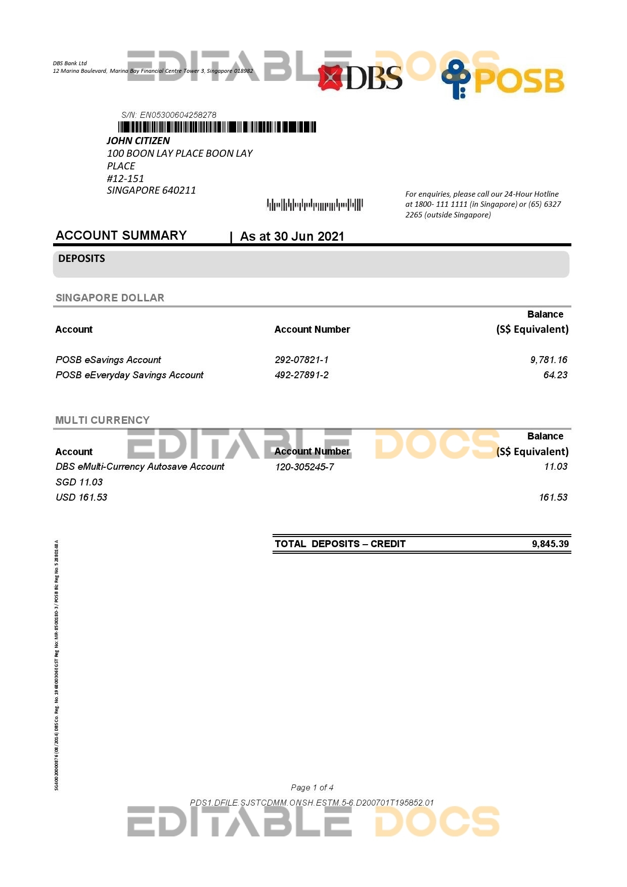 Singapore DBS bank proof of address statement template in Excel and PDF format, 4 pages