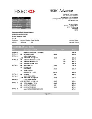 Singapore HSBC bank statement template in .xls and .pdf file format