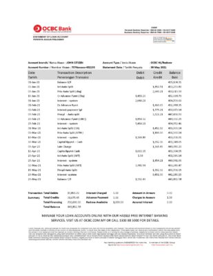 Singapore OCBC Bank statement template in Excel and PDF format