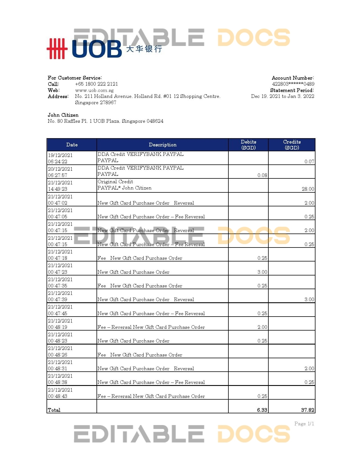Singapore UOB bank statement, Excel and PDF template