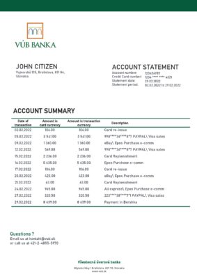 Slovakia VUB bank statement template in Word and PDF format