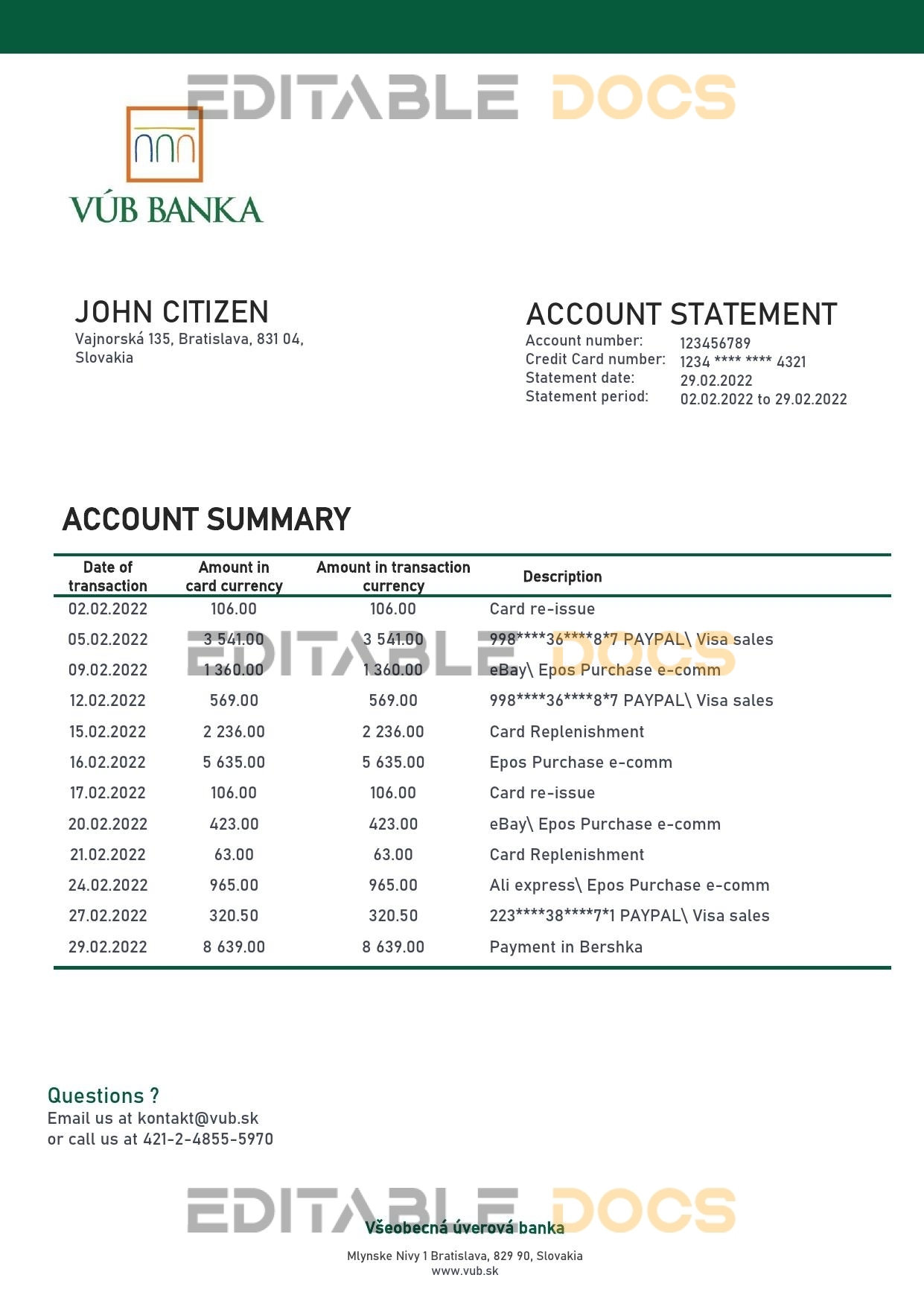 Slovakia VUB bank statement template in Word and PDF format