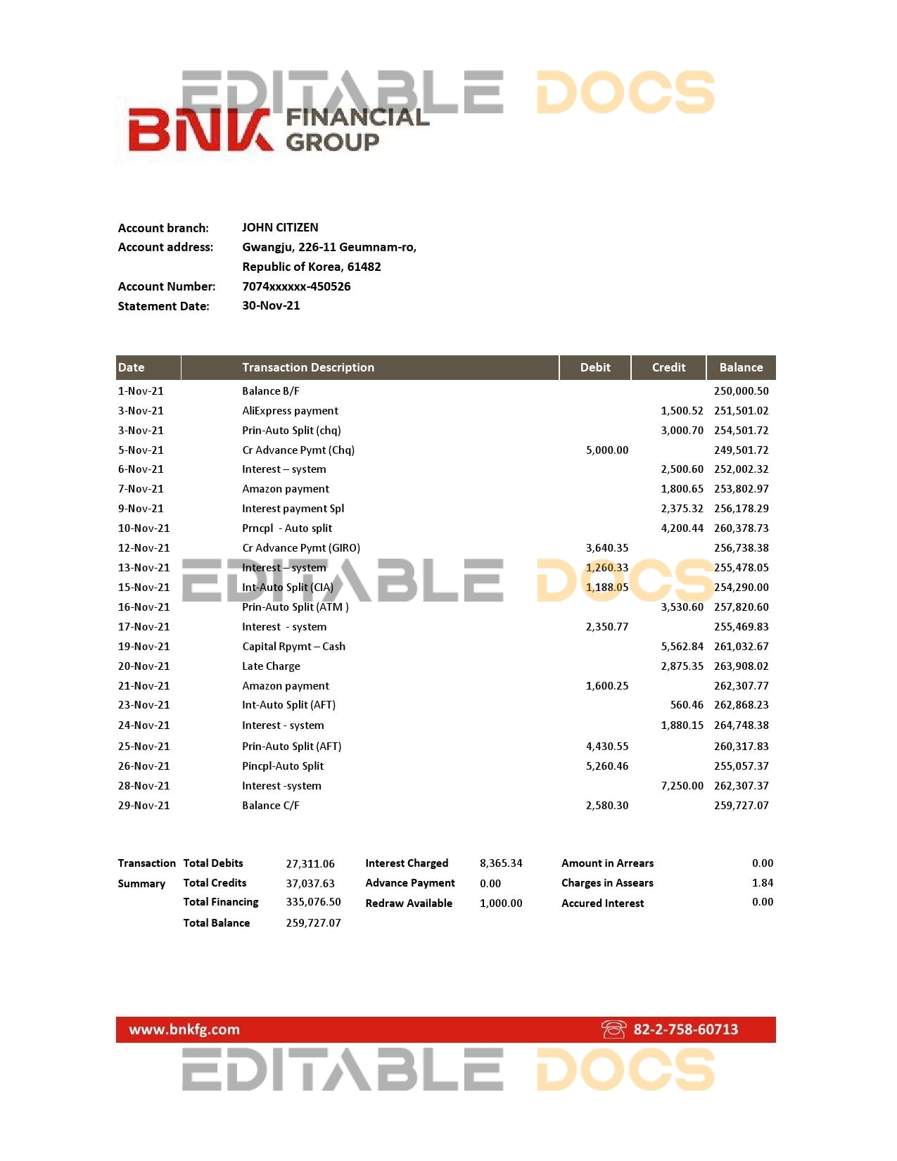 South Korea BNK bank statement easy to fill template in Excel and PDF format