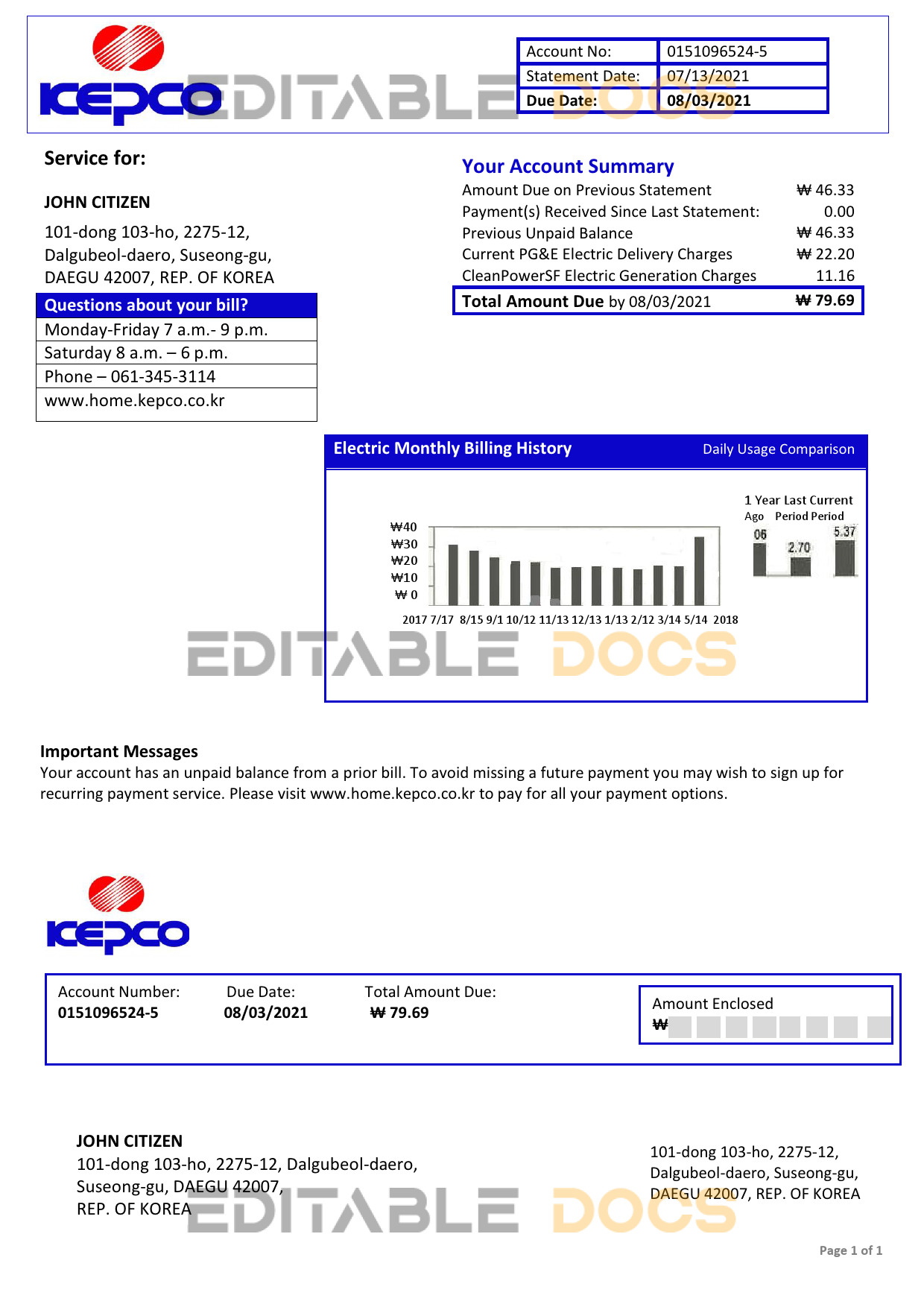 South Korea Electric Power Corporation electricity utility bill template in Word and PDF format