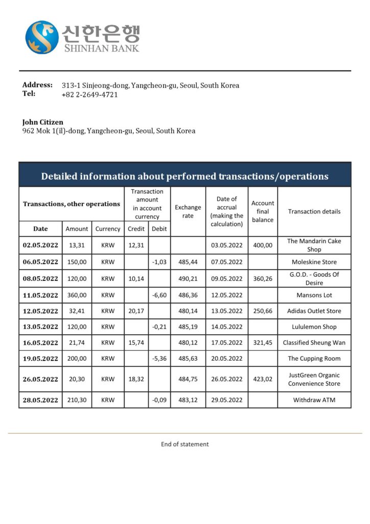 South Korea Shinhan bank statement template in Word and PDF format