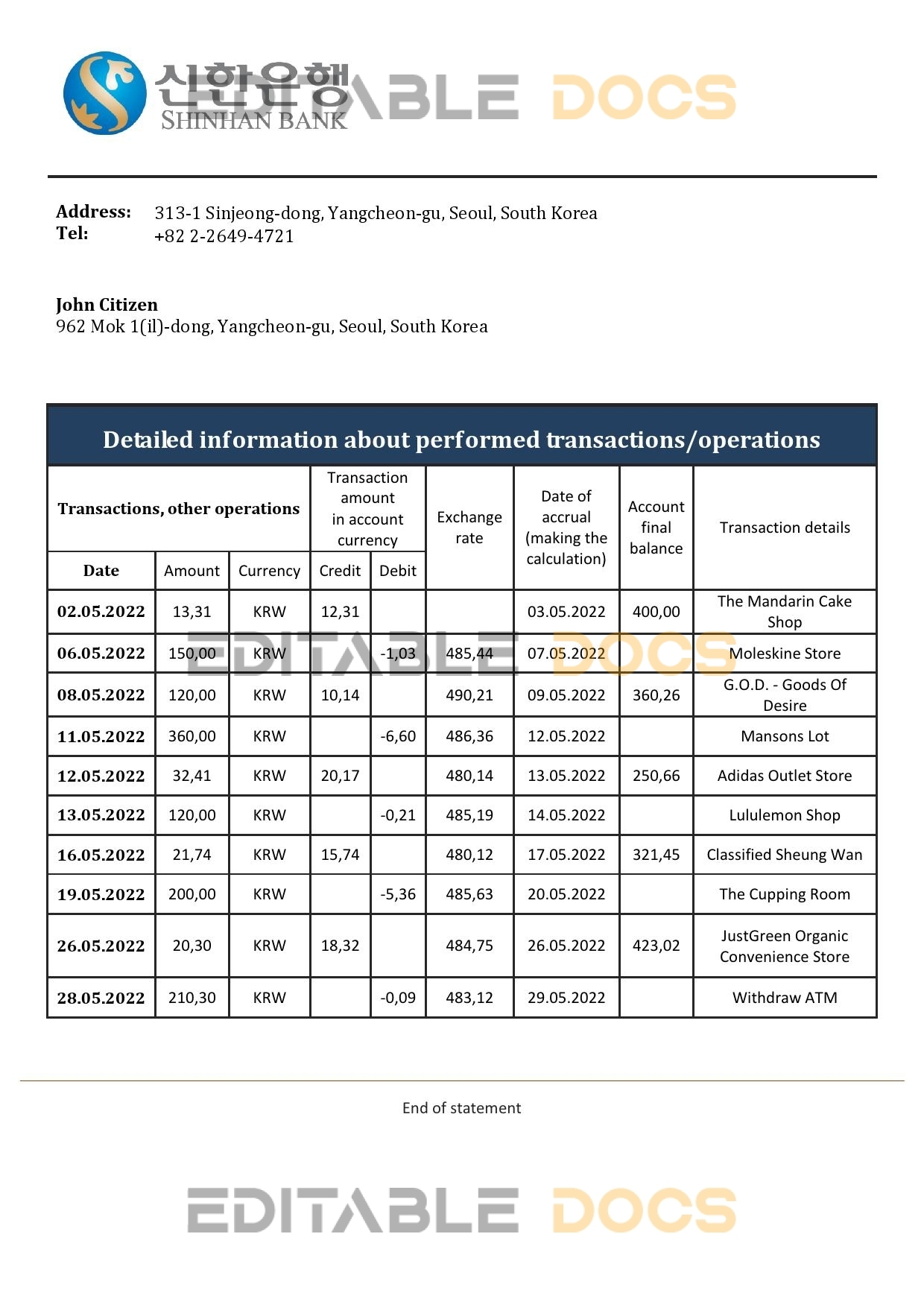 South Korea Shinhan bank statement template in Word and PDF format