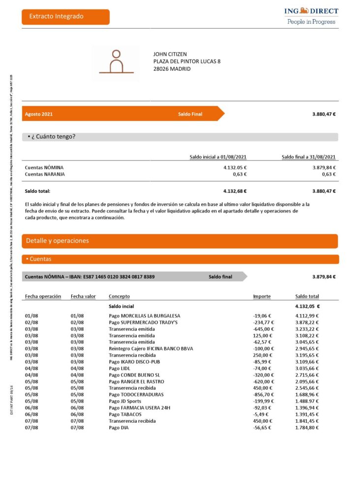 Spain ING Direct bank statement template in Word and PDF format, 3 pages