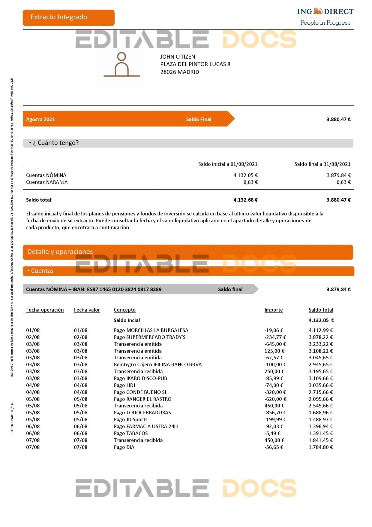 Spain ING Direct bank statement template in Word and PDF format, 3 pages