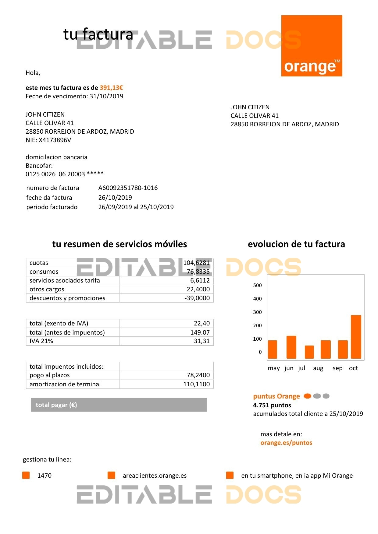 Spain Orange easy fillable utility bill template in Word and PDF format