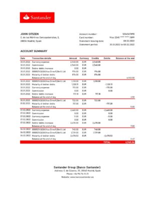 Spain Santander bank statement, Excel and PDF template