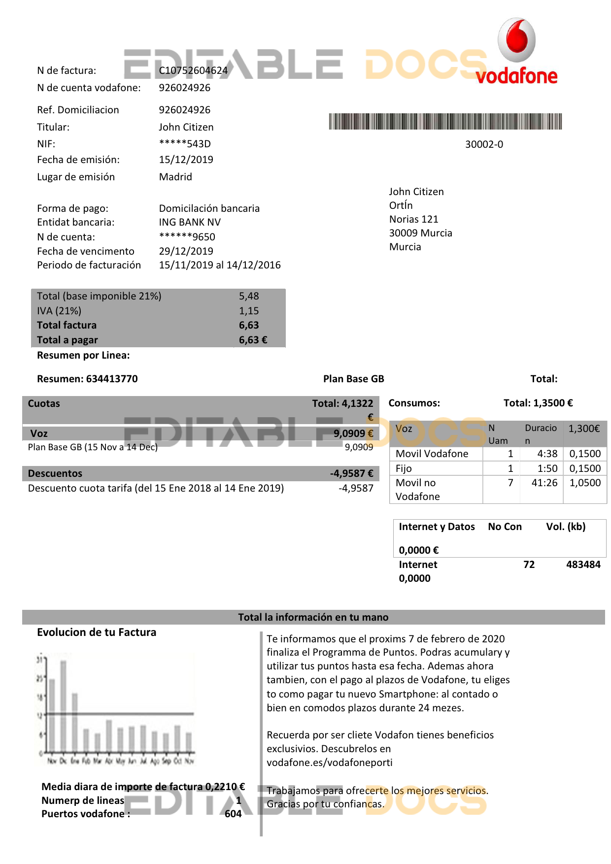 Spain Vodafone telecommunications utility bill template in Word and PDF format