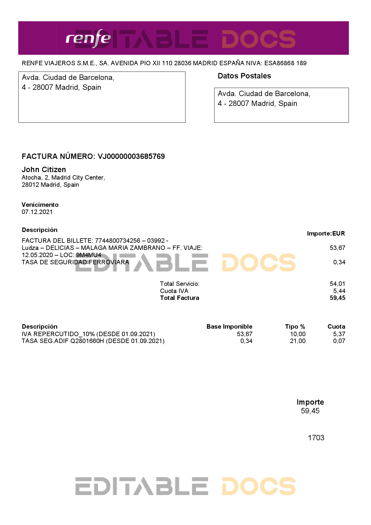 Latvia Renfe utility bill template in Word and PDF format