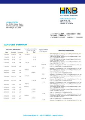 Sri Lanka Hatton National Bank statement template in Word and PDF format