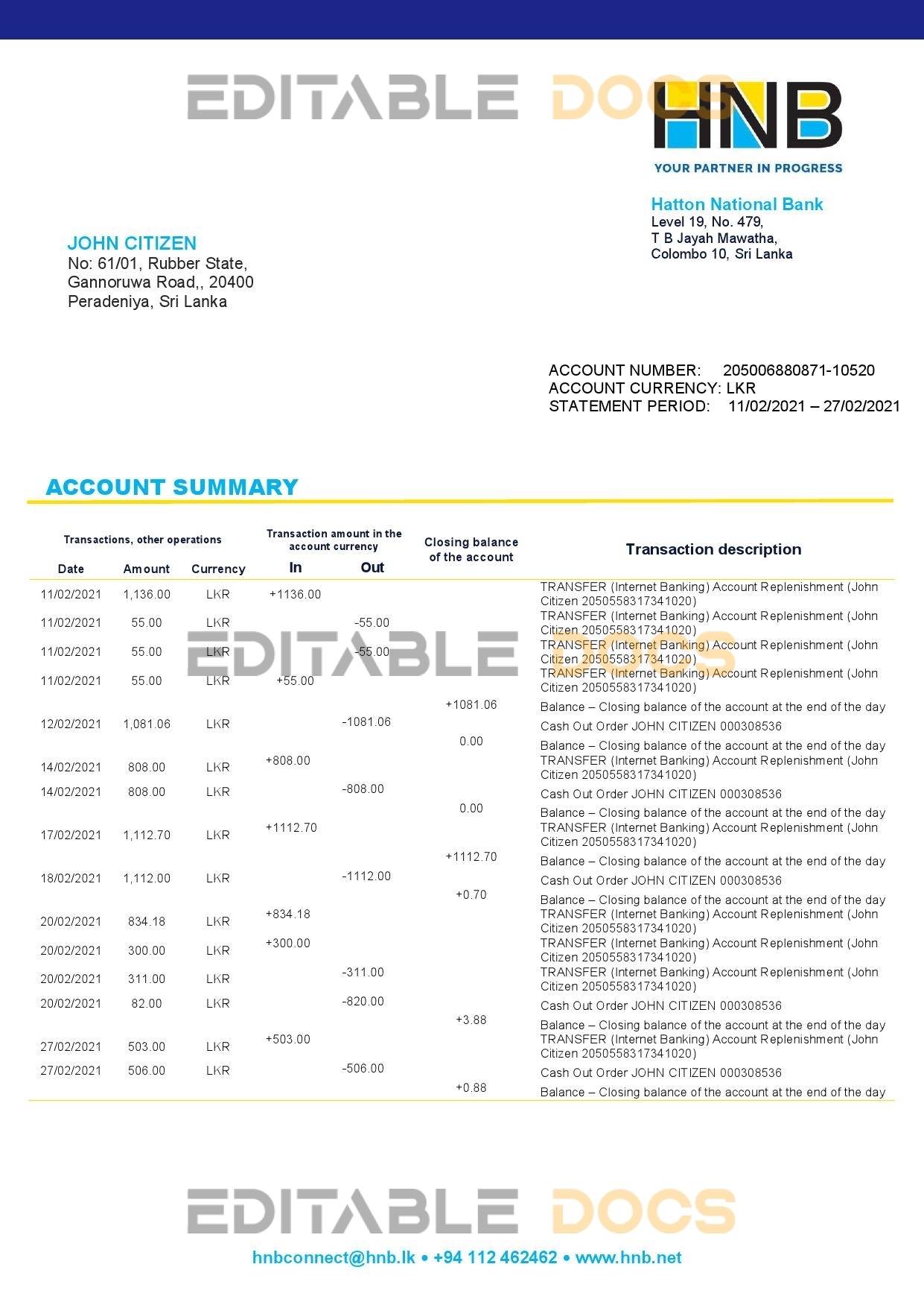 Sri Lanka Hatton National Bank statement template in Word and PDF format