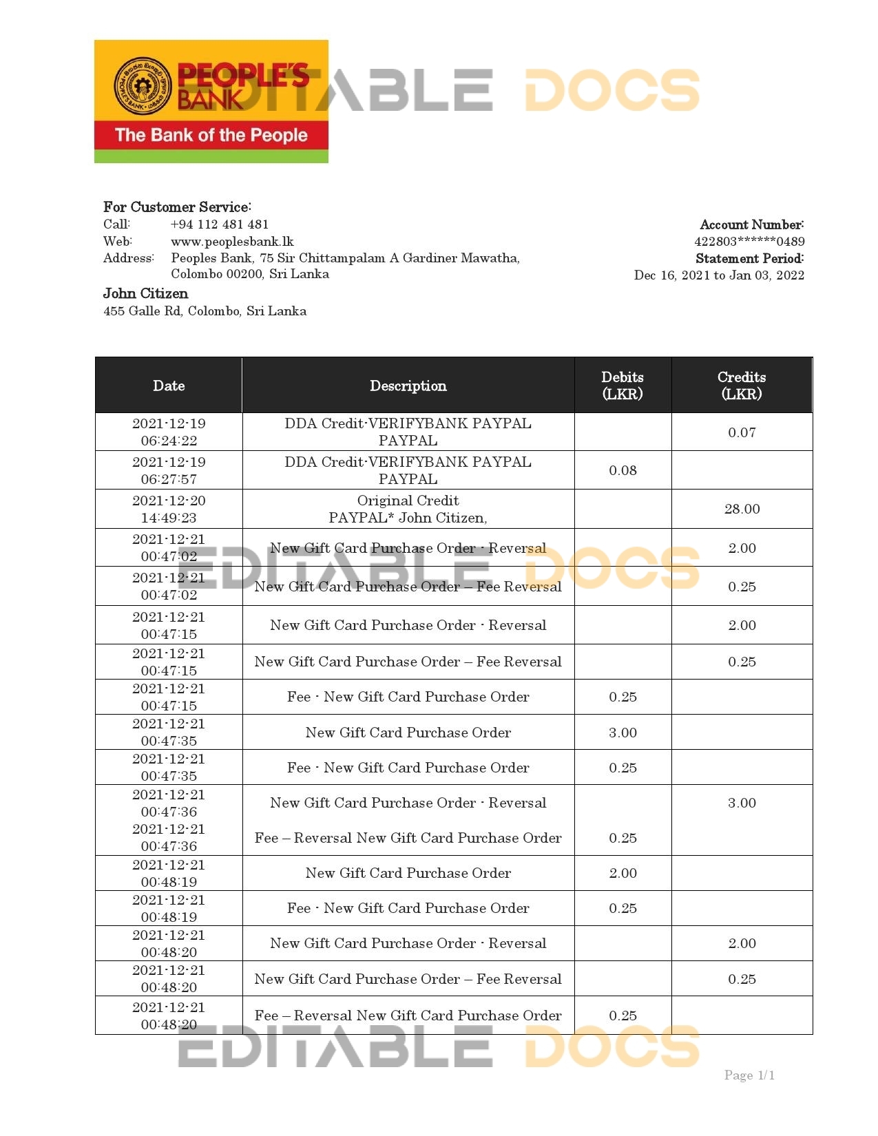 Sri Lanka People’s Bank bank statement template in Word and PDF format, version 2
