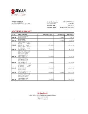 Sri Lanka Seylan bank statement, Excel and PDF template