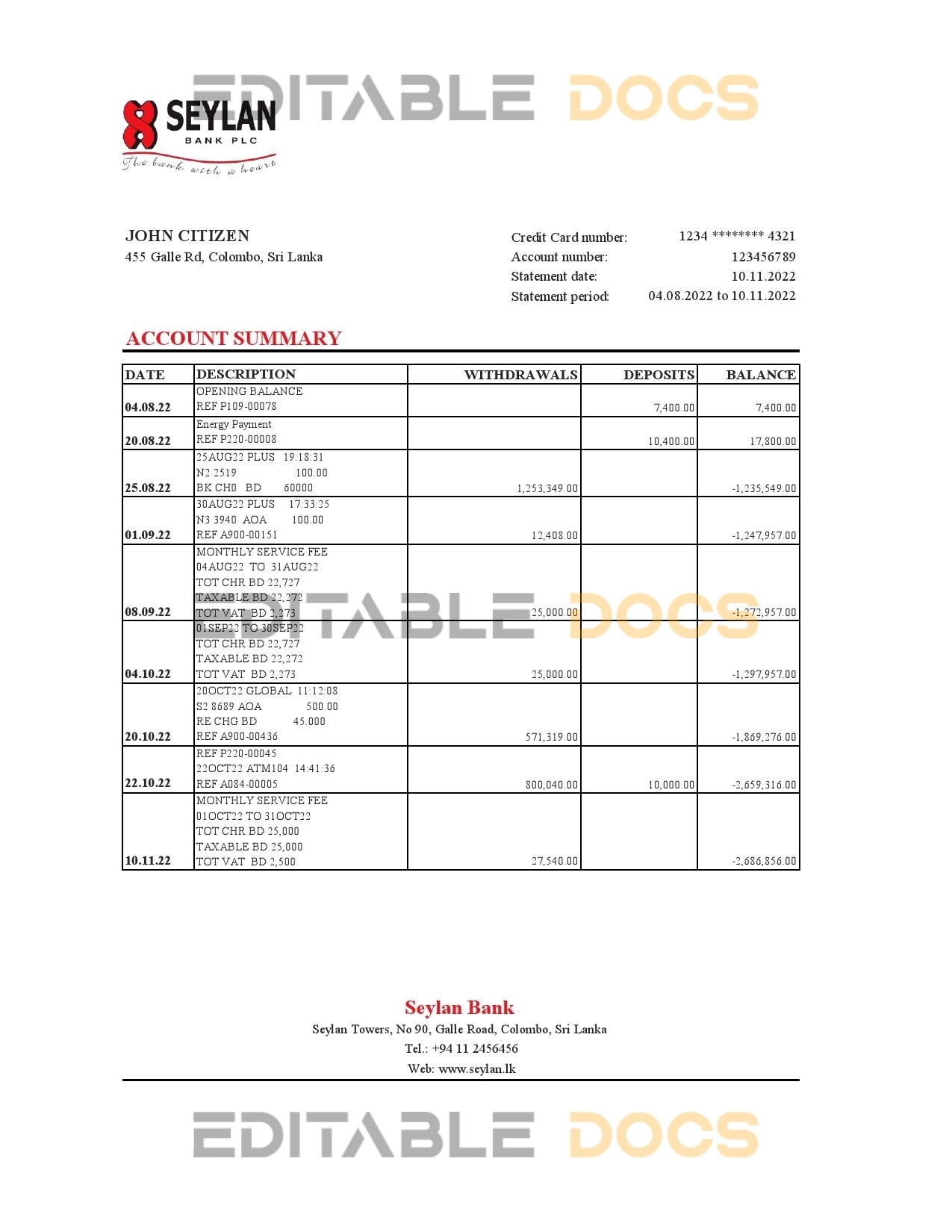 Sri Lanka Seylan bank statement, Excel and PDF template