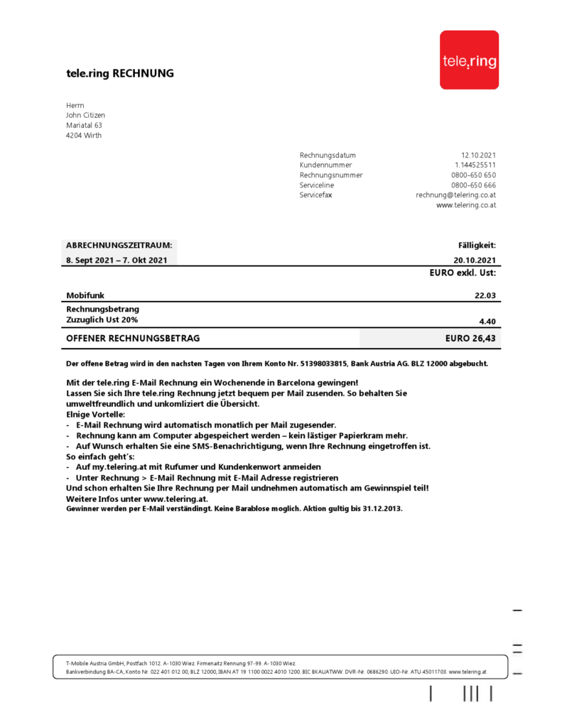 Sweden Tele Ring utility bill template in Word and PDF format