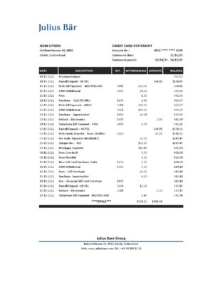 Switzerland Julius Bar bank statement, Excel and PDF template
