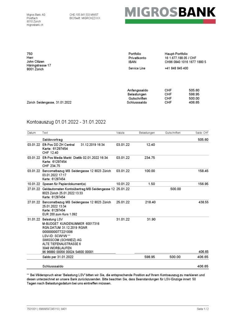 Switzerland Migrosbank bank statement, Word and PDF template, 2 pages