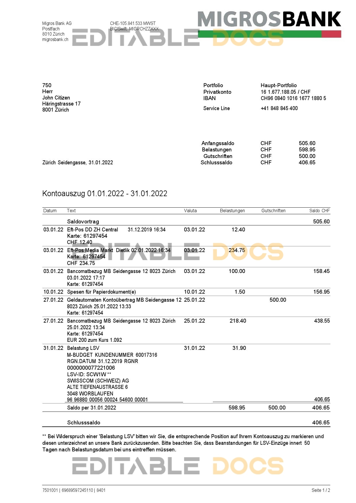 Switzerland Migrosbank bank statement, Word and PDF template, 2 pages