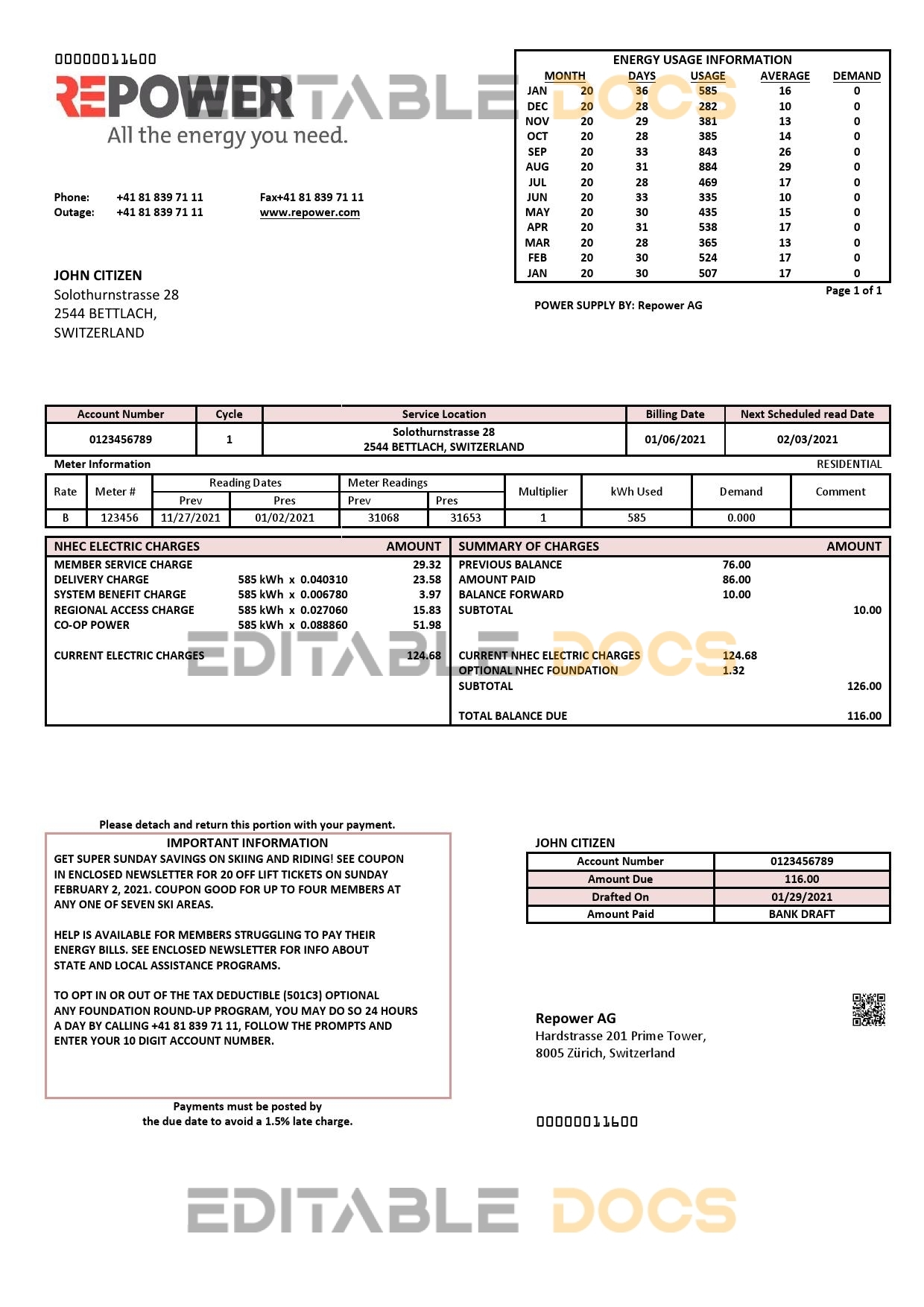Switzerland Repower AG utility bill template, fully editable in Word and PDF format