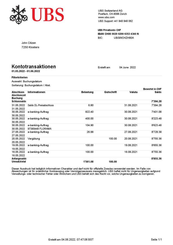 Switzerland UBS bank statement, Word and PDF template