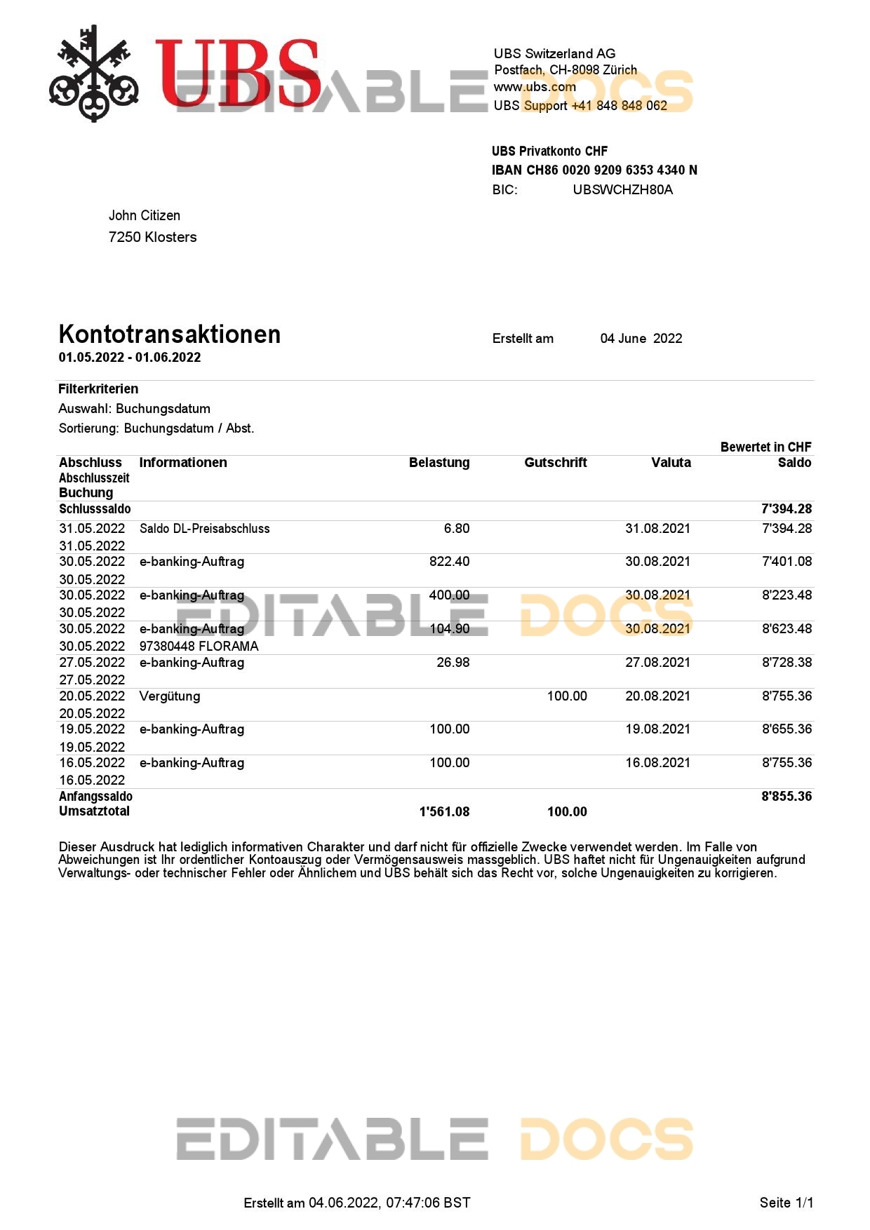 Switzerland UBS bank statement, Word and PDF template