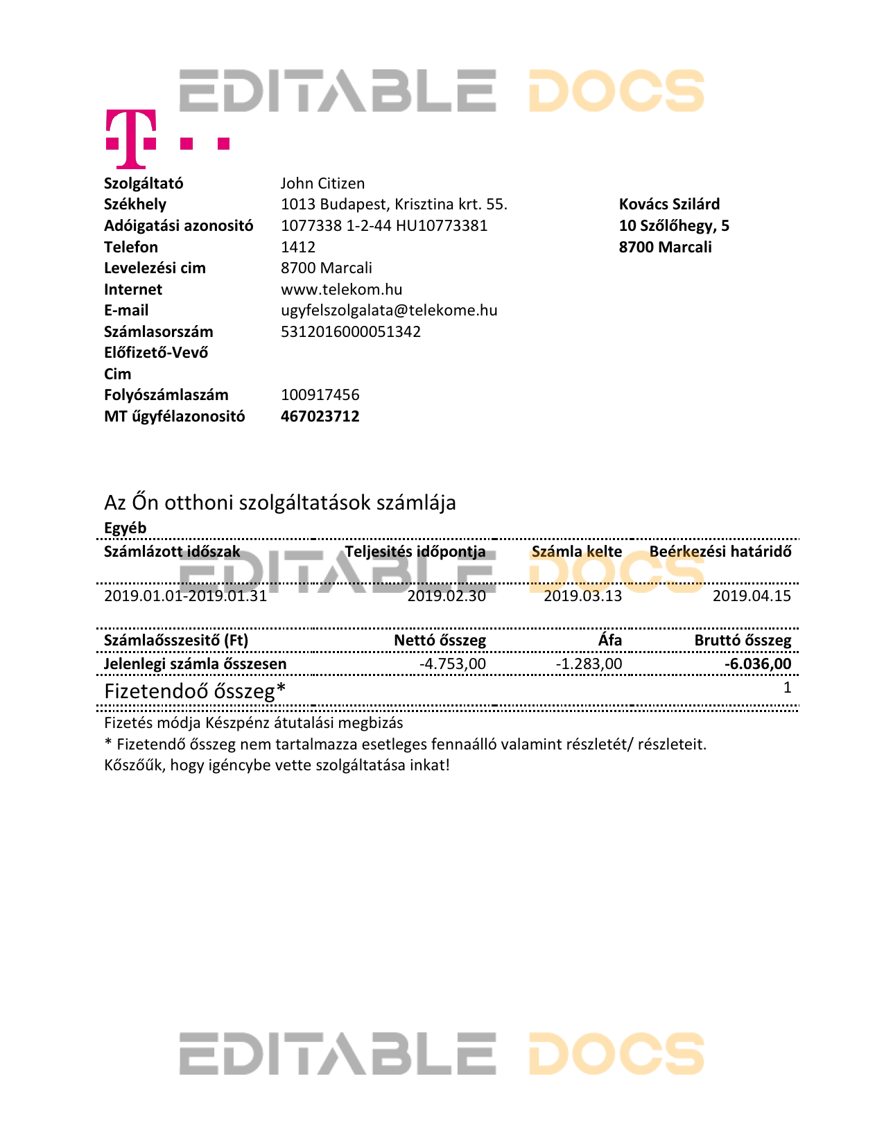 Hungary Magyartel utility bill template in Word and PDF format, fully editable