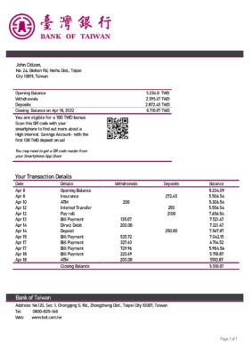 Taiwan Bank of Taiwan bank statement template in Word and PDF format