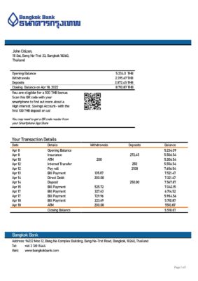 Thailand Bangkok Bank statement template in Word and PDF format, version 2