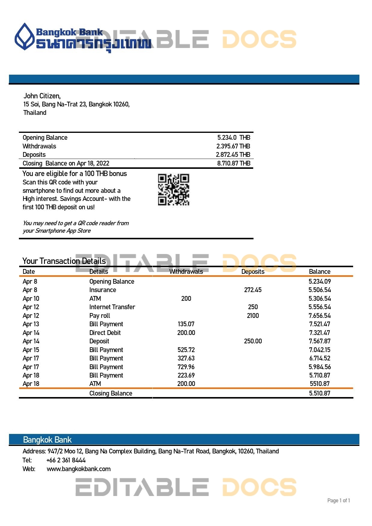 Thailand Bangkok Bank statement template in Word and PDF format, version 2