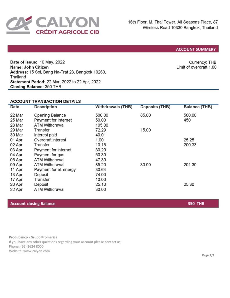 Thailand Caylon Bank statement template in Word and PDF format