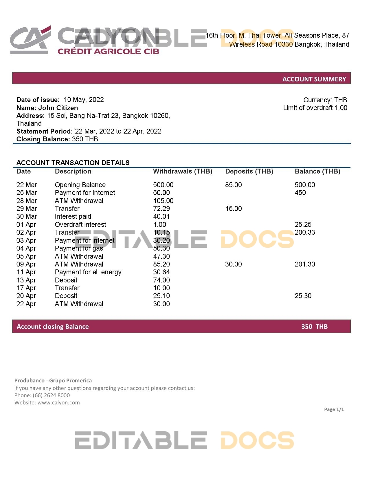 Thailand Caylon Bank statement template in Word and PDF format