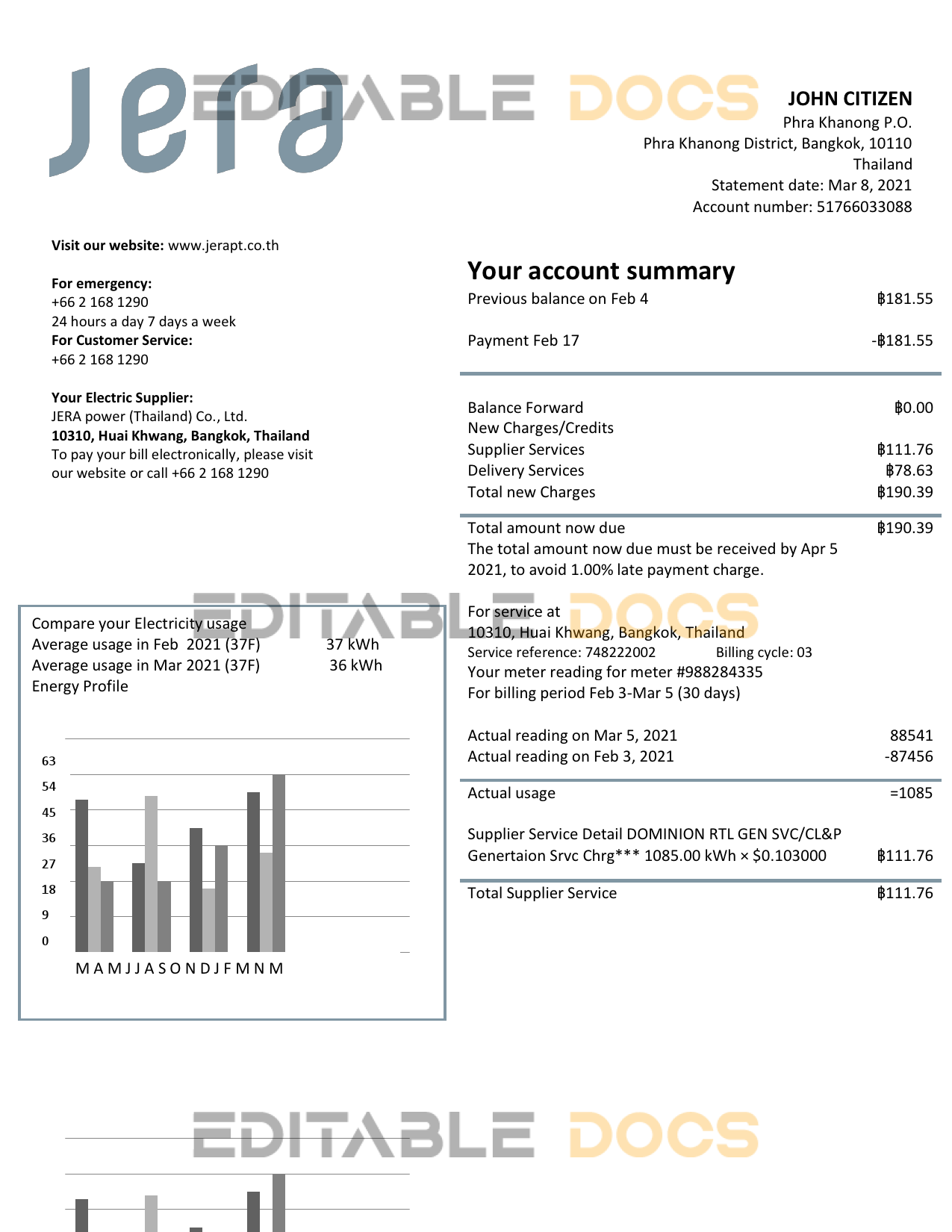 Thailand JERA power utility bill template in Word and PDF format