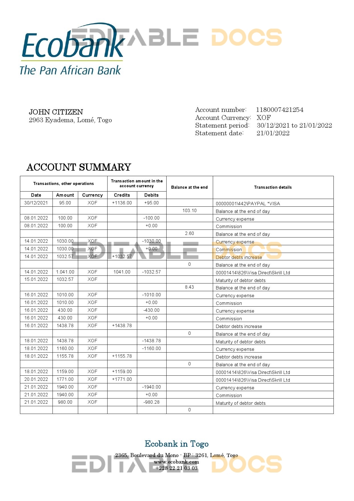 Togo Ecobank Bank statement template in Word and PDF format