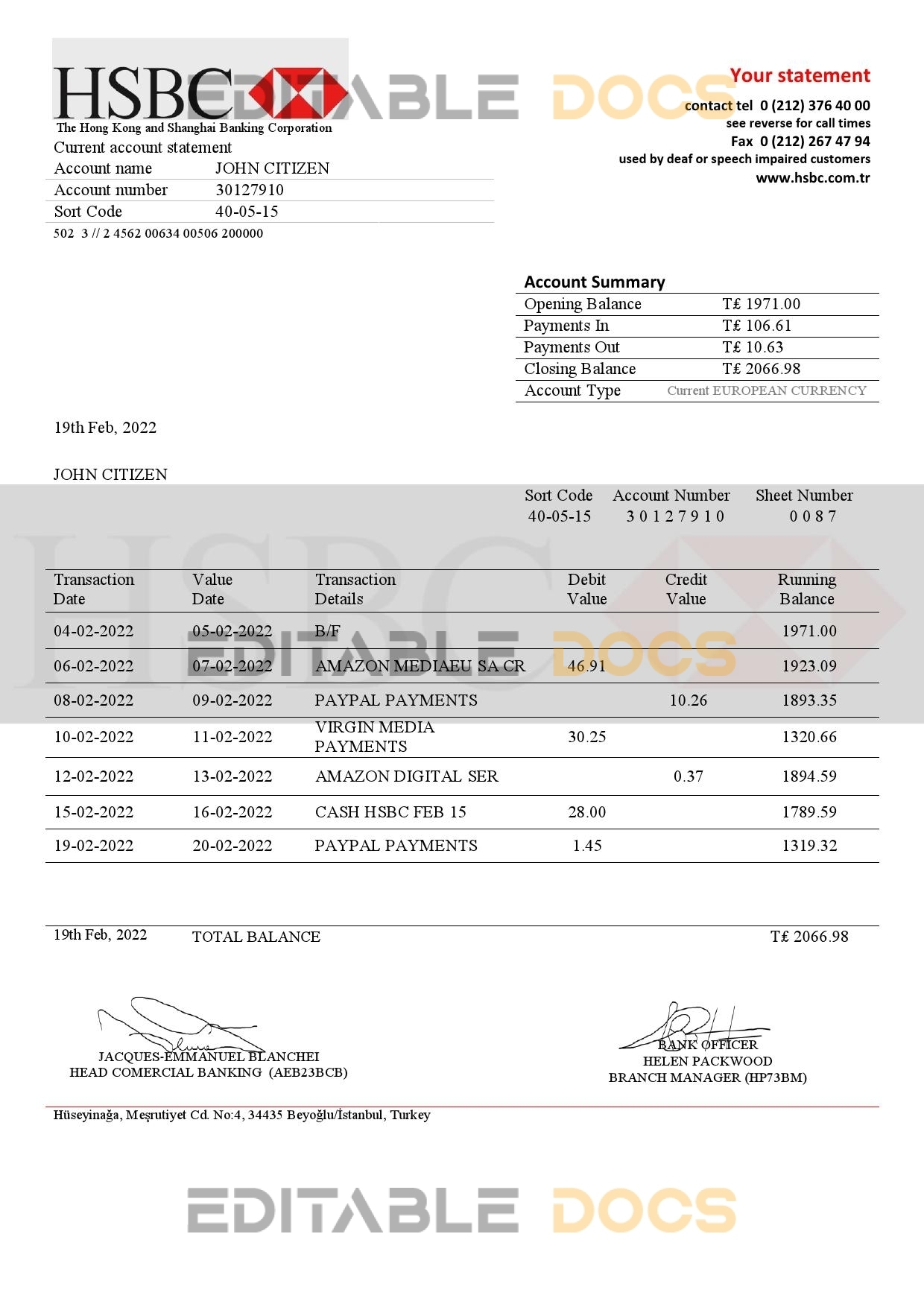 Turkey HSBC bank statement template in .doc and .pdf format