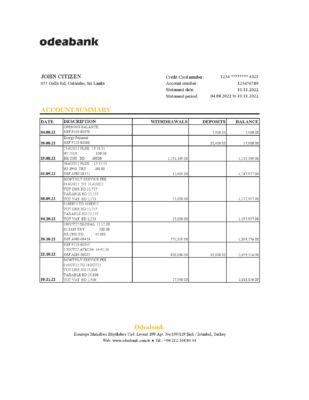 Turkey Odeabank bank statement, Excel and PDF template