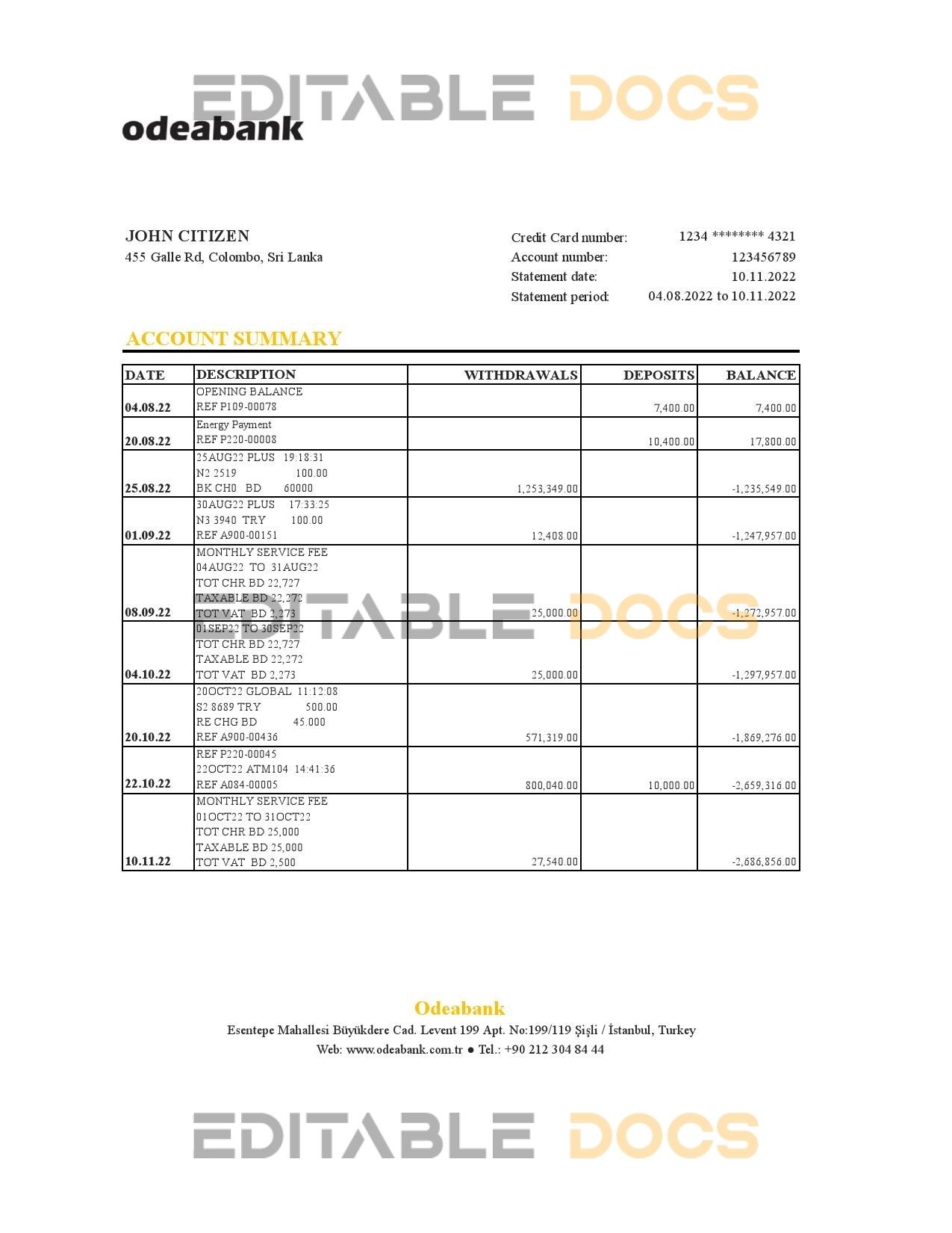 Turkey Odeabank bank statement, Excel and PDF template