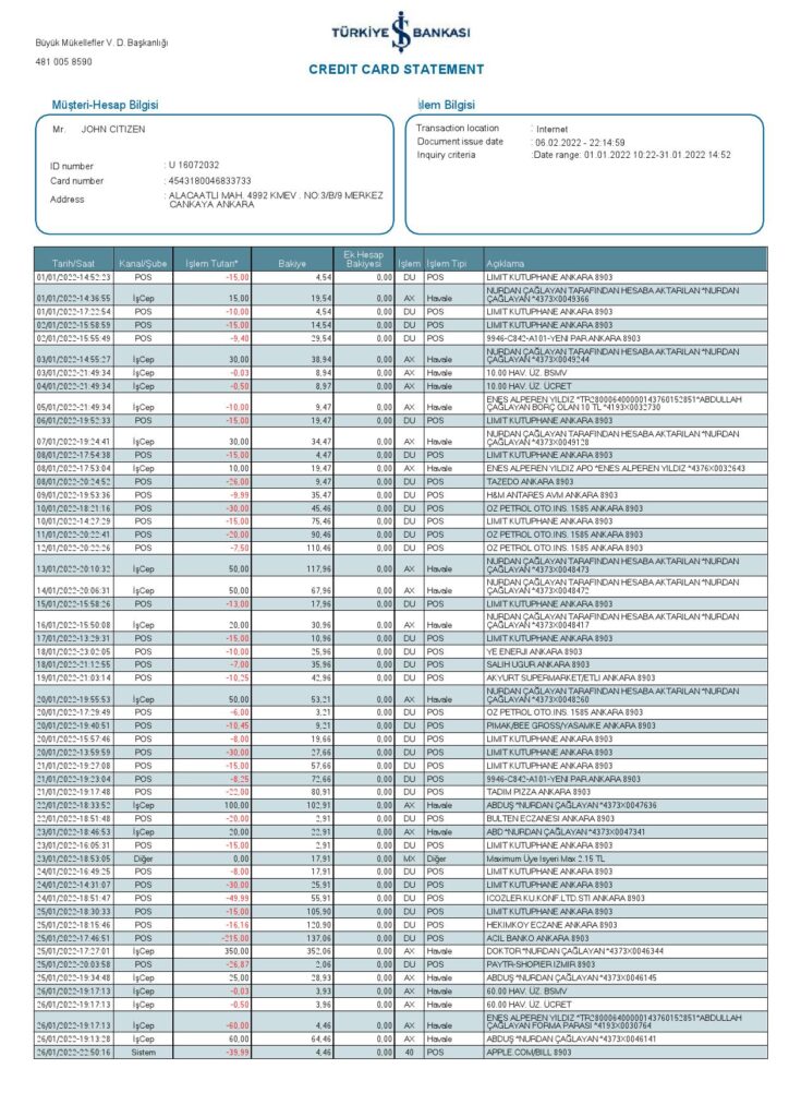 Turkey Bankasi bank statement, Word and PDF template, 2 pages