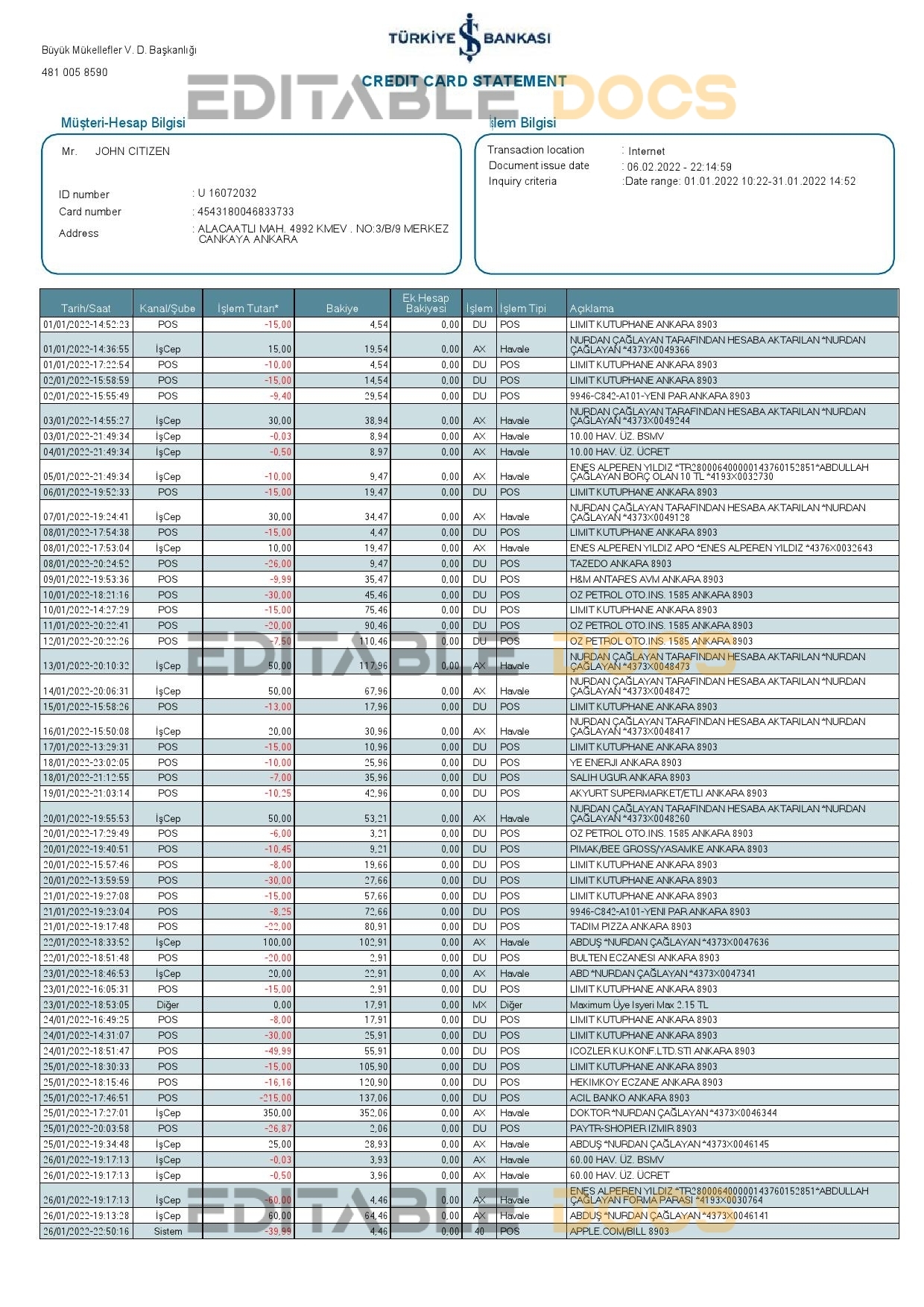 Turkey Bankasi bank statement, Word and PDF template, 2 pages