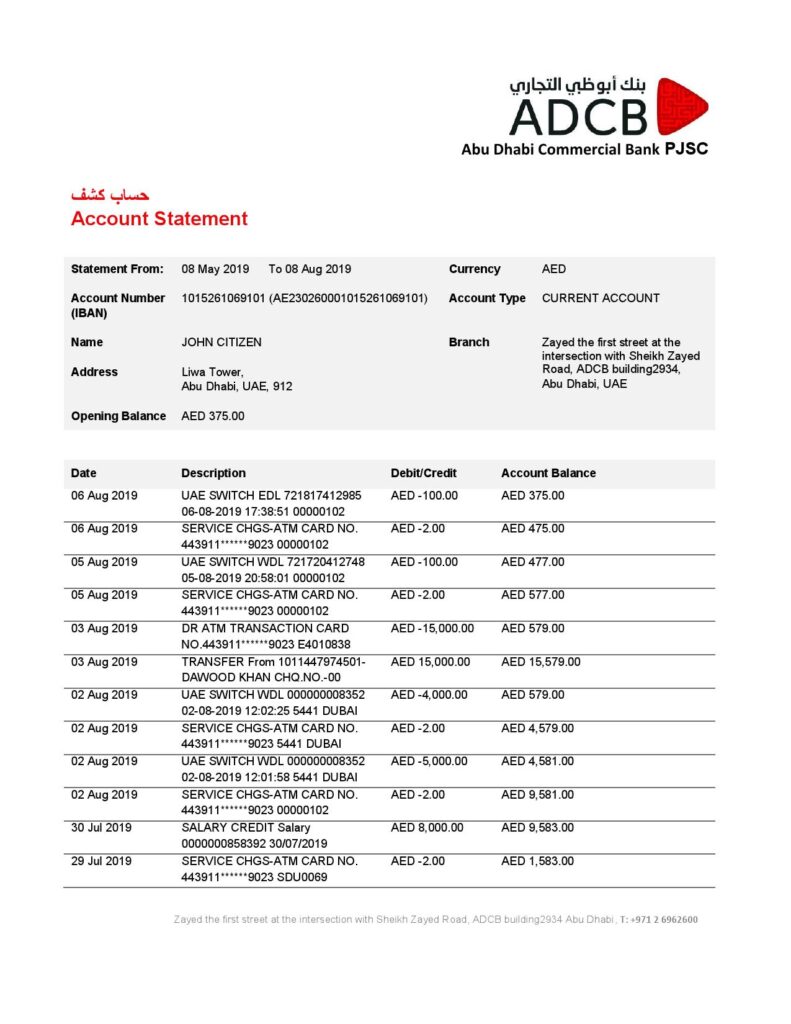 UAE Dubai ADCB bank statement template in Word and PDF format