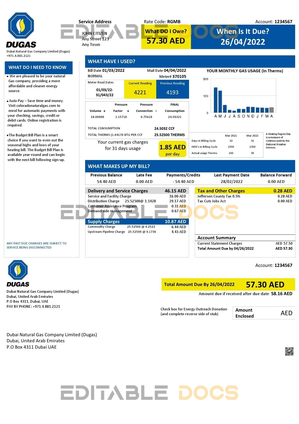 UAE Dubai Natural Gas Company Limited (Dugas) utility bill template in Word and PDF format