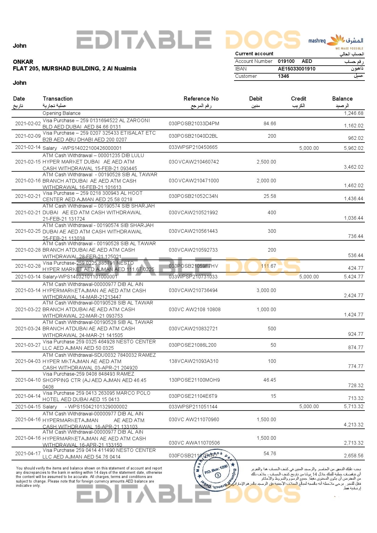 UAE Mashreq bank statement template in Excel and PDF format, 3 pages