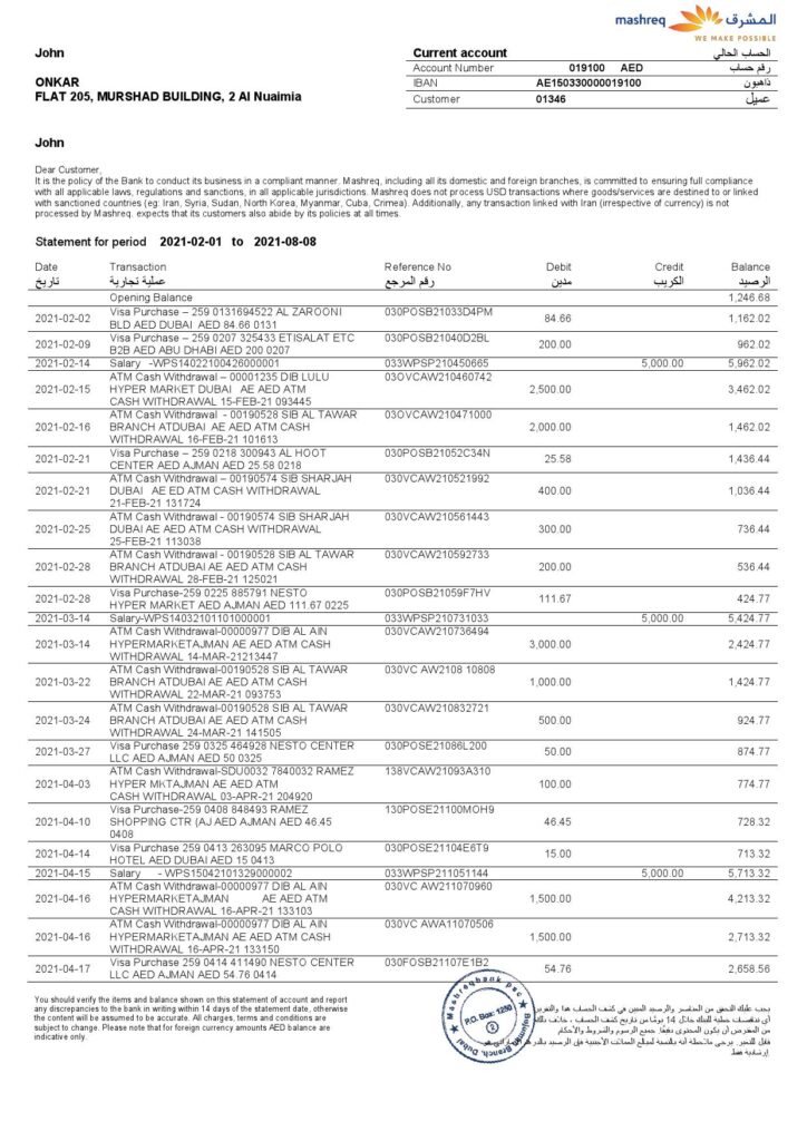 UAE Mashreq bank statement template in Word and PDF format, 3 pages 1