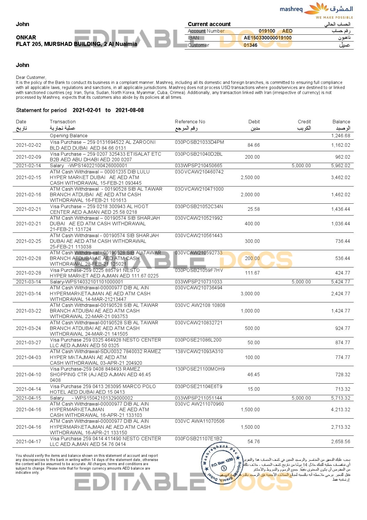 UAE Mashreq bank statement template in Word and PDF format, 3 pages